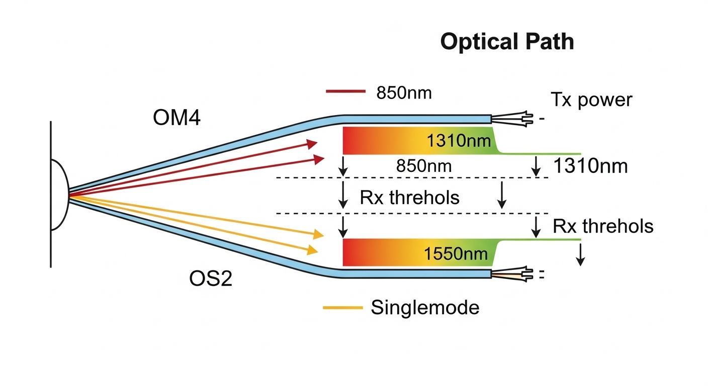 Clean vector illustration of an optical path diagram showing OM4 and OS2 fibers, 850nm and 1310nm/1550nm wavelength bands, ar