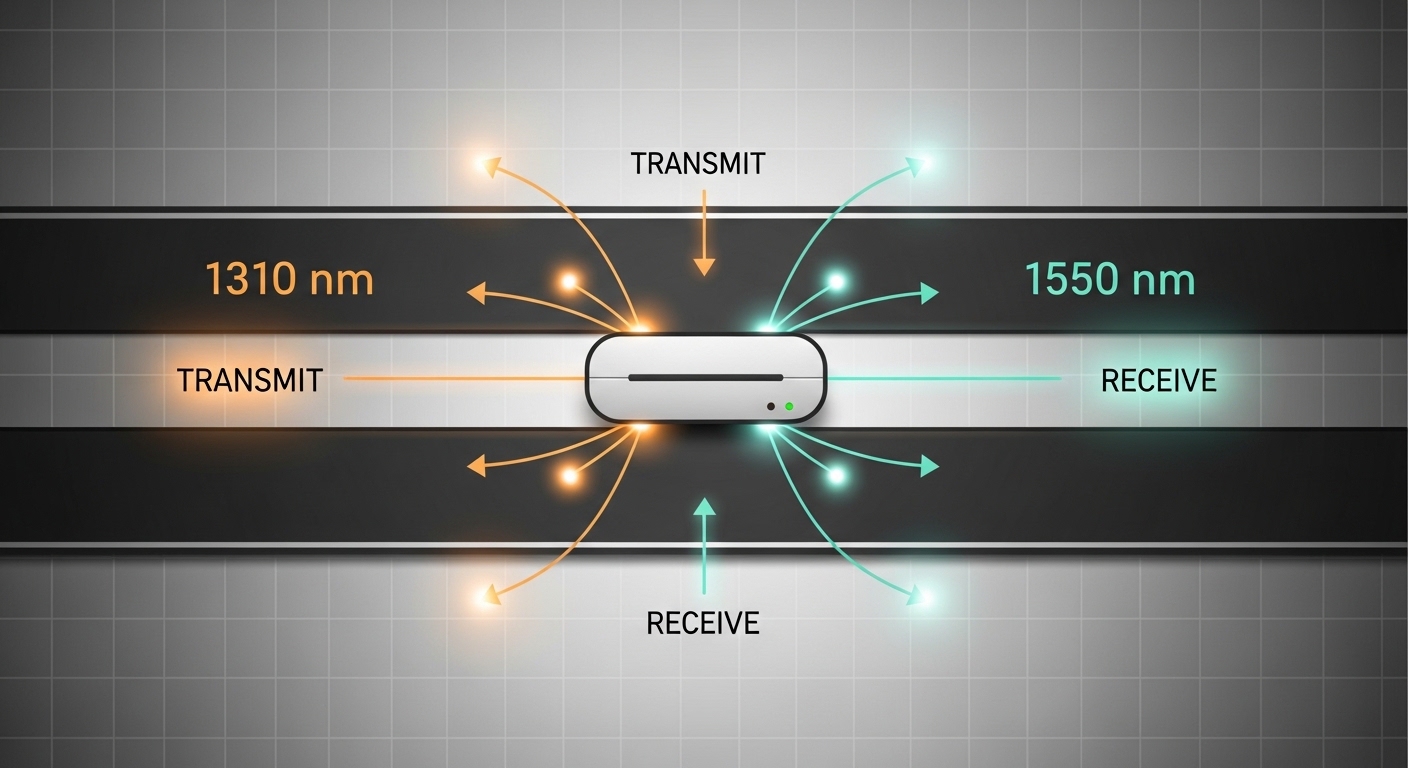 Conceptual illustration in a clean flat-vector style showing two parallel fiber lanes labeled 1310 nm and 1550 nm, with a cen