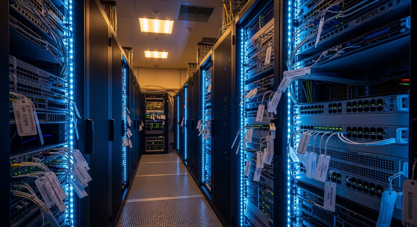 Lifestyle-style server room scene with a rack team performing cable management, colored fiber patch cables, visible label tag