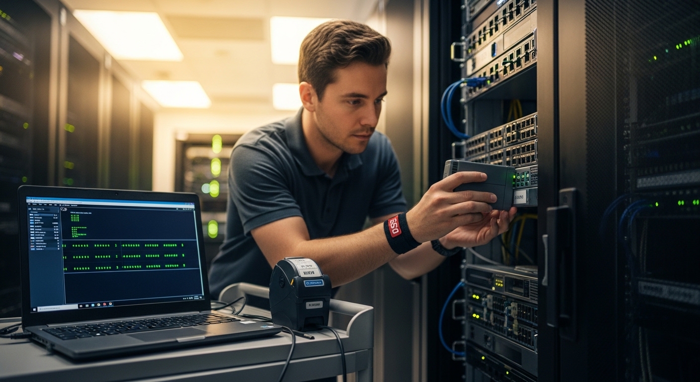 Realistic lifestyle scene of an engineer in a server room wearing an ESD wrist strap, installing a rackmount media converter 