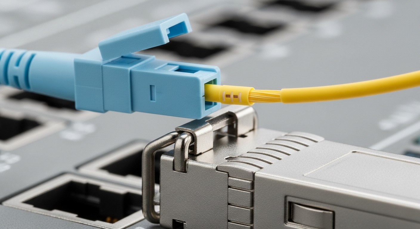 Close-up macro photography of an LC simplex fiber connector plugged into a rack-mounted 10G SFP+ transceiver cage; show visib