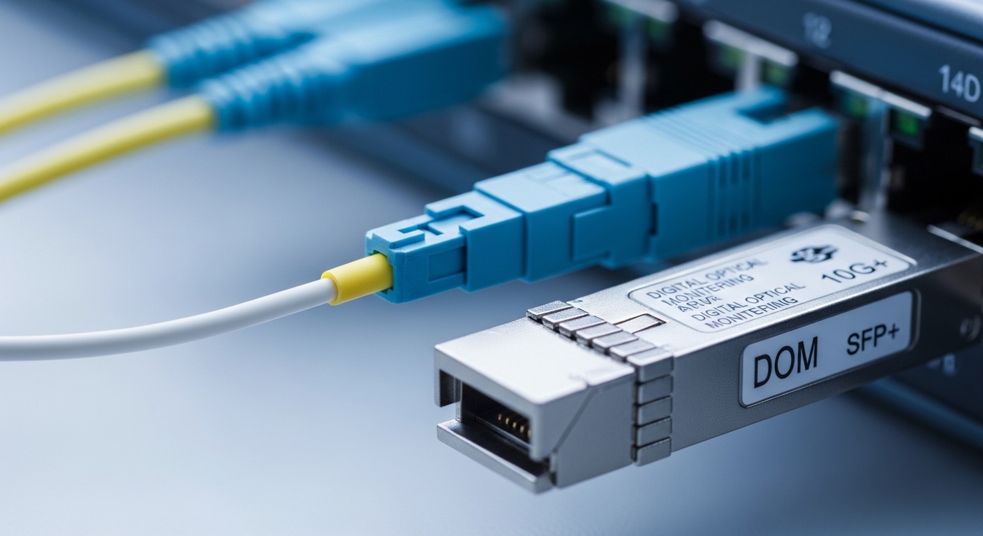 Macro photography of an LC duplex fiber connector and a 10G SFP+ transceiver plugged into a switch port, shallow depth of fie