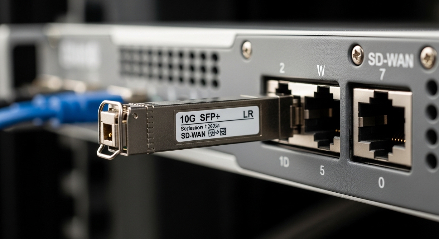 A photorealistic close-up of a 10G SFP+ optical transceiver being inserted into a rugged SD-WAN edge appliance port inside a 