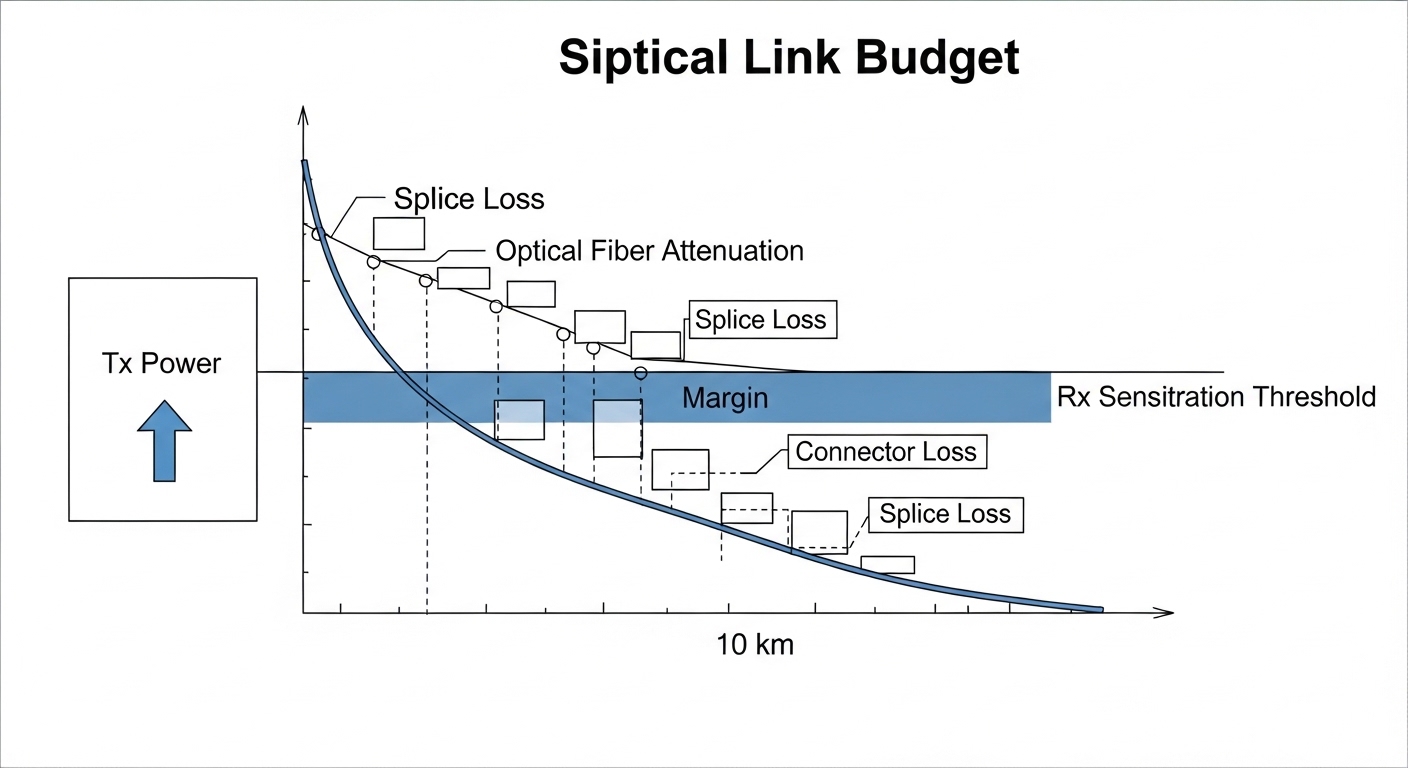 Vector-style engineering illustration showing a simplified optical link budget diagram: transceiver Tx power, fiber attenuati