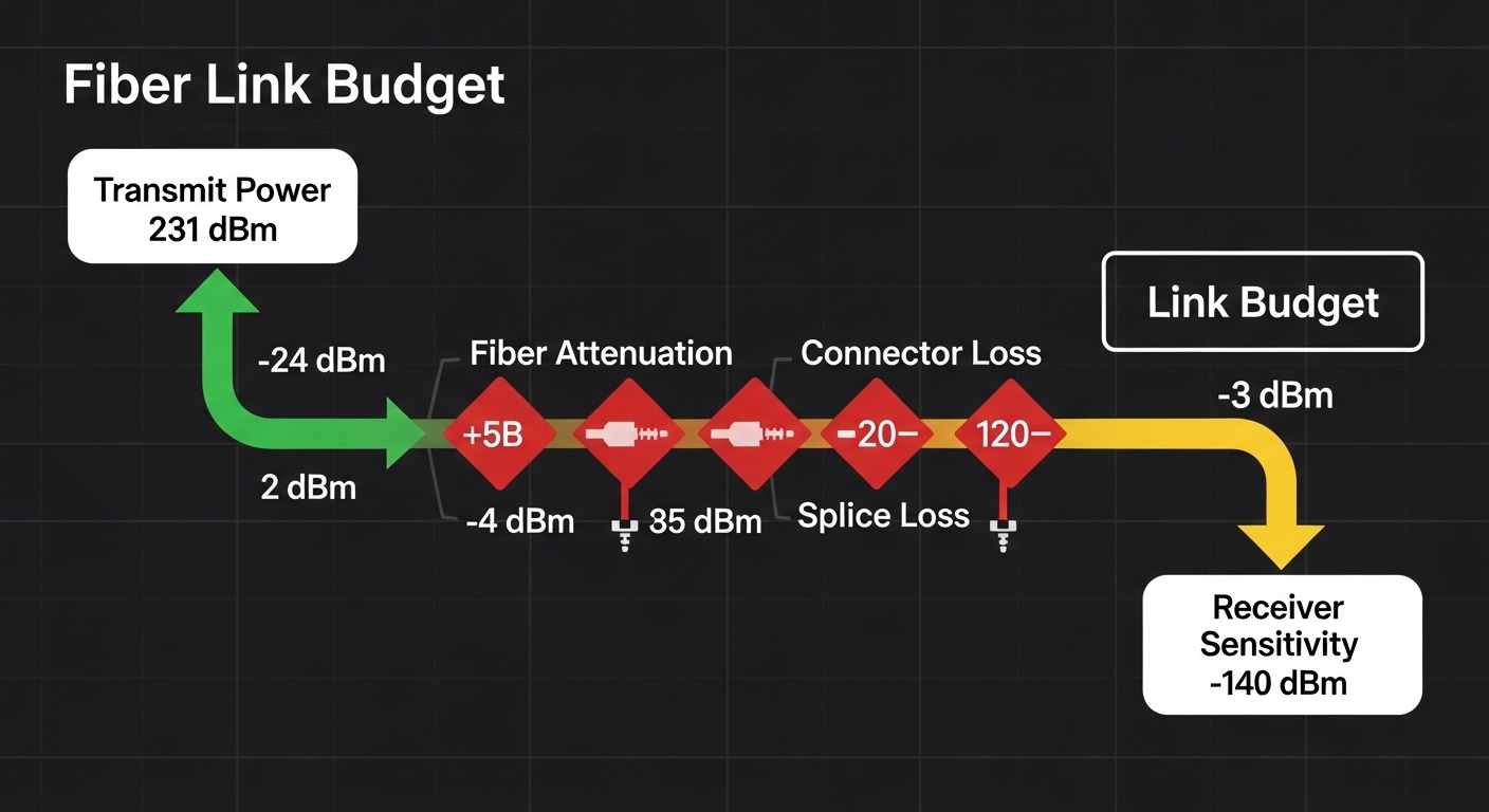 Clean vector illustration showing a fiber link budget diagram with transmit power, fiber attenuation, connector loss, splice 
