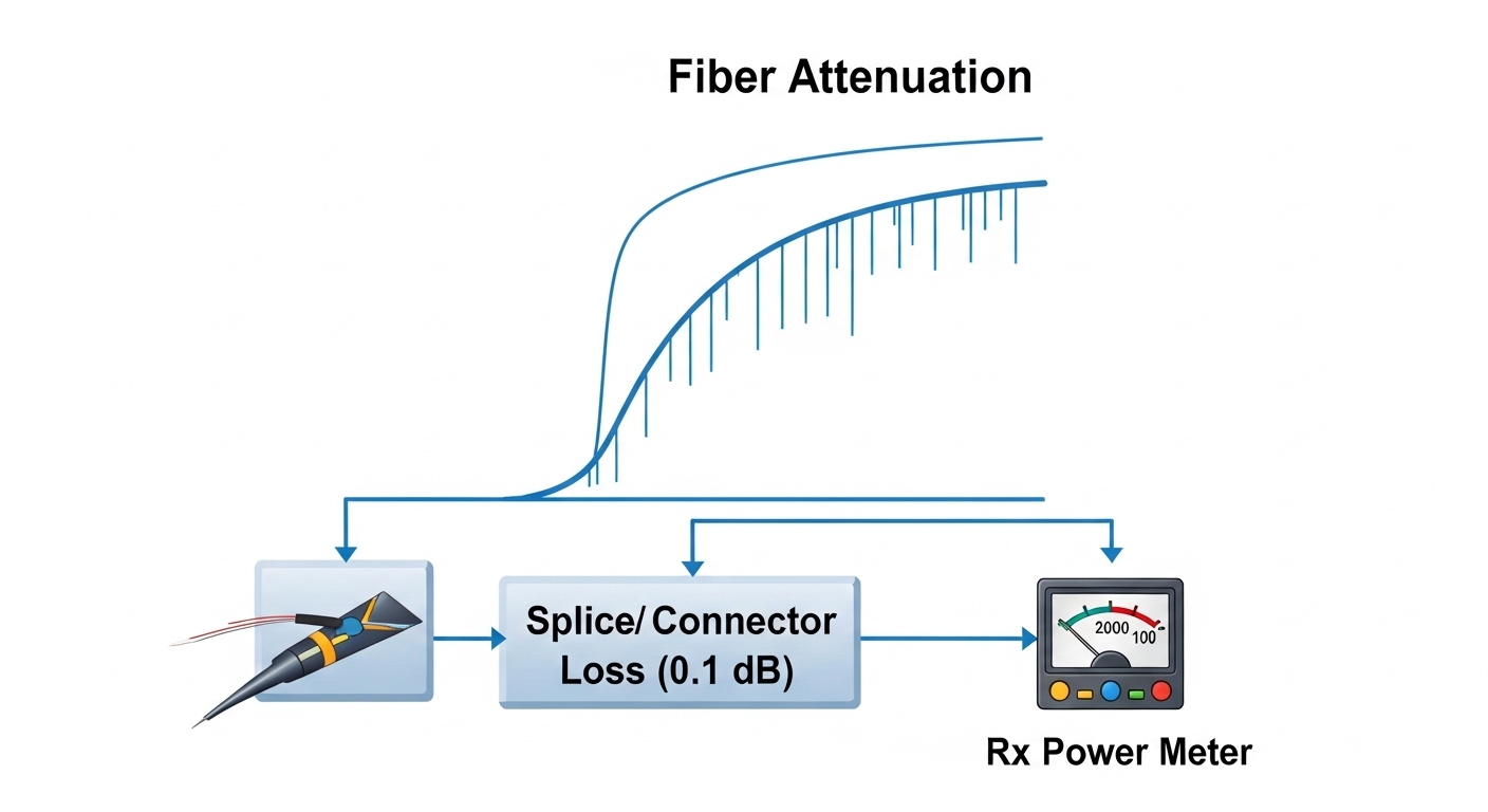 An engineering illustration showing a simplified optical link budget diagram: SD-WAN edge transceiver, LC patch cord, splice/