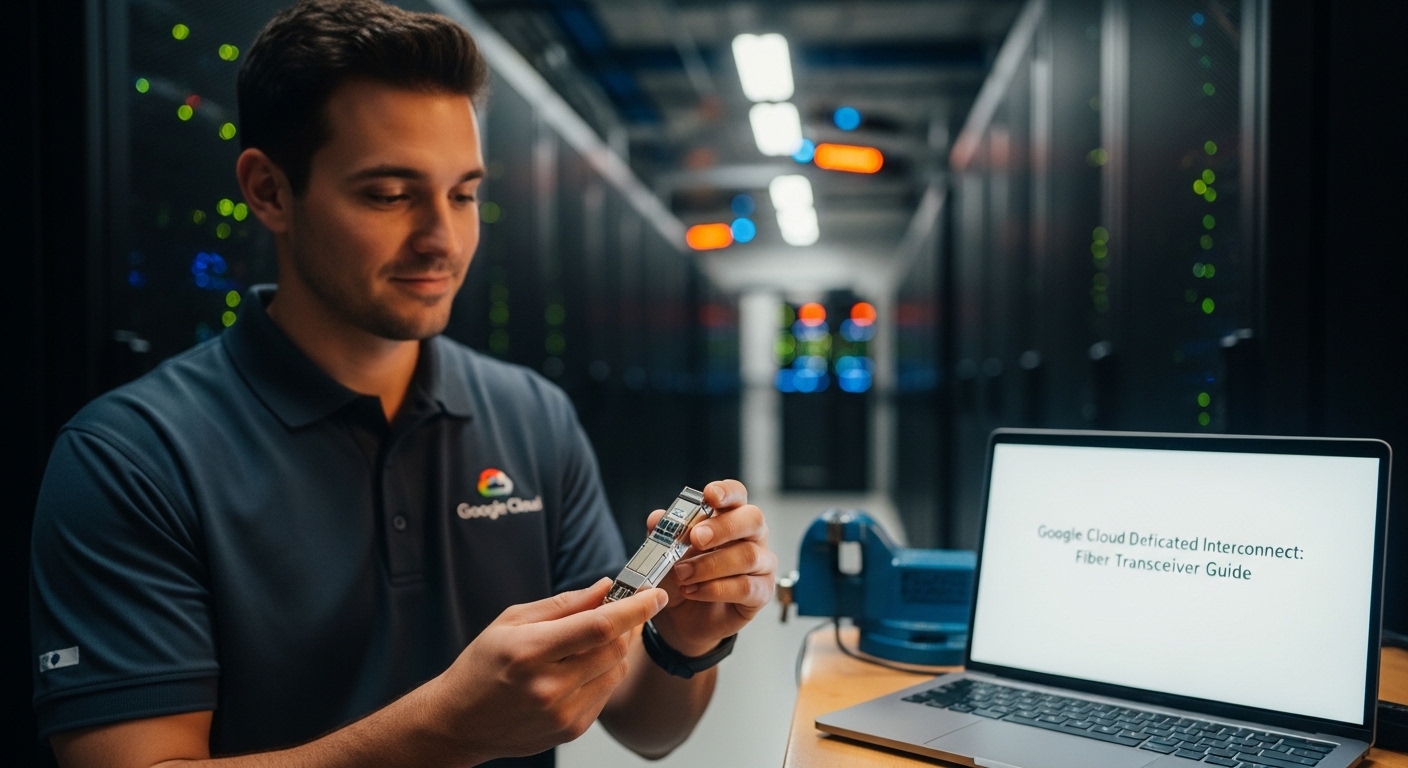 Lifestyle scene featuring Dedicated Interconnect transceiver, Google Cloud Dedicated Interconnect: Fiber Transceiver Guide, w