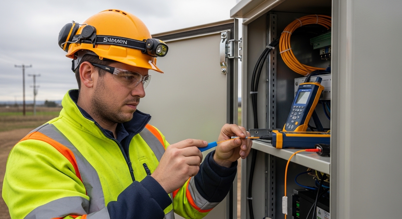 Lifestyle-style scene of a field engineer in high-visibility gear cleaning fiber LC connectors at an outdoor SD-WAN site cabi