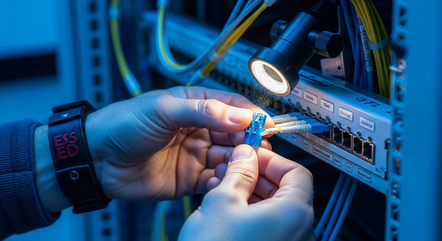 Close-up photography inside a data center fiber patch panel. A technician wearing ESD wrist strap holds an LC connector endfa