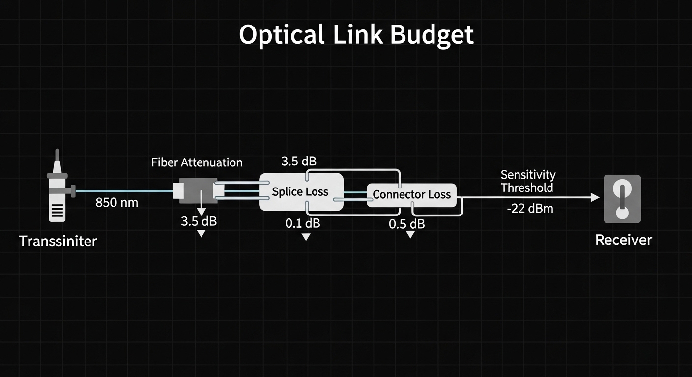Clean engineering illustration showing an optical link budget diagram. A transmitter laser icon emits at 850 nm through a cha
