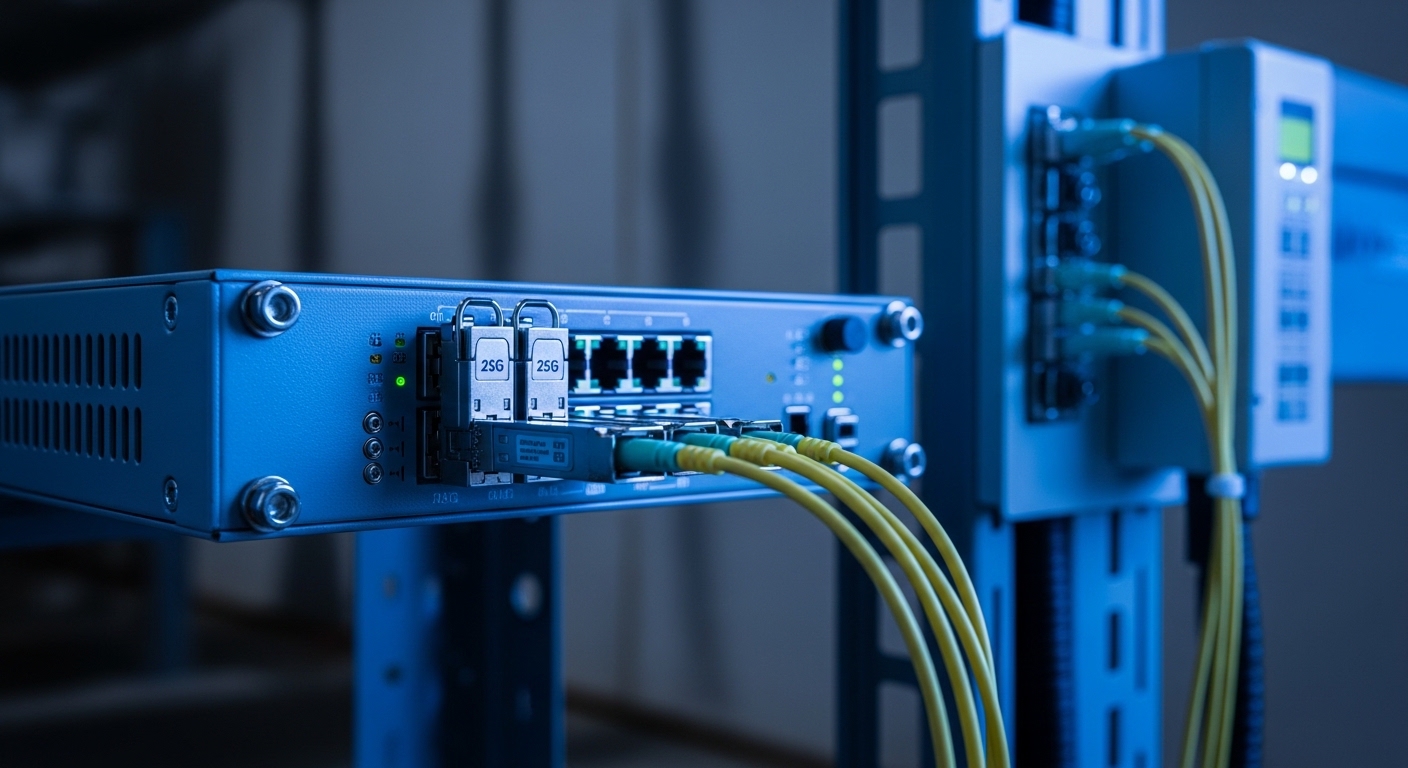 Photorealistic scene of a small edge rack in an industrial substation, showing two 25G SFP28 fiber transceivers inserted into