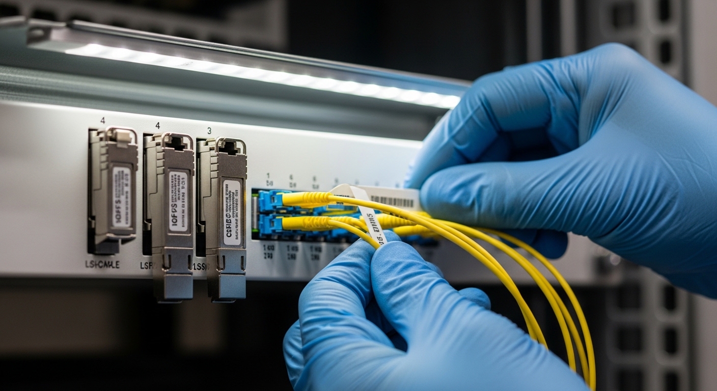 Close-up photography of an LC fiber patch panel inside a telecom rack, showing three different transceiver modules seated in 