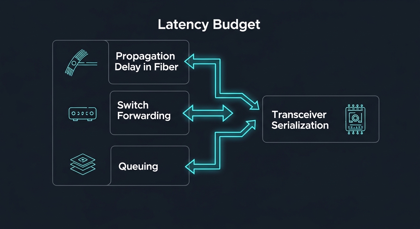 Clean vector illustration showing a latency budget diagram for an edge computing network, with labeled blocks for propagation