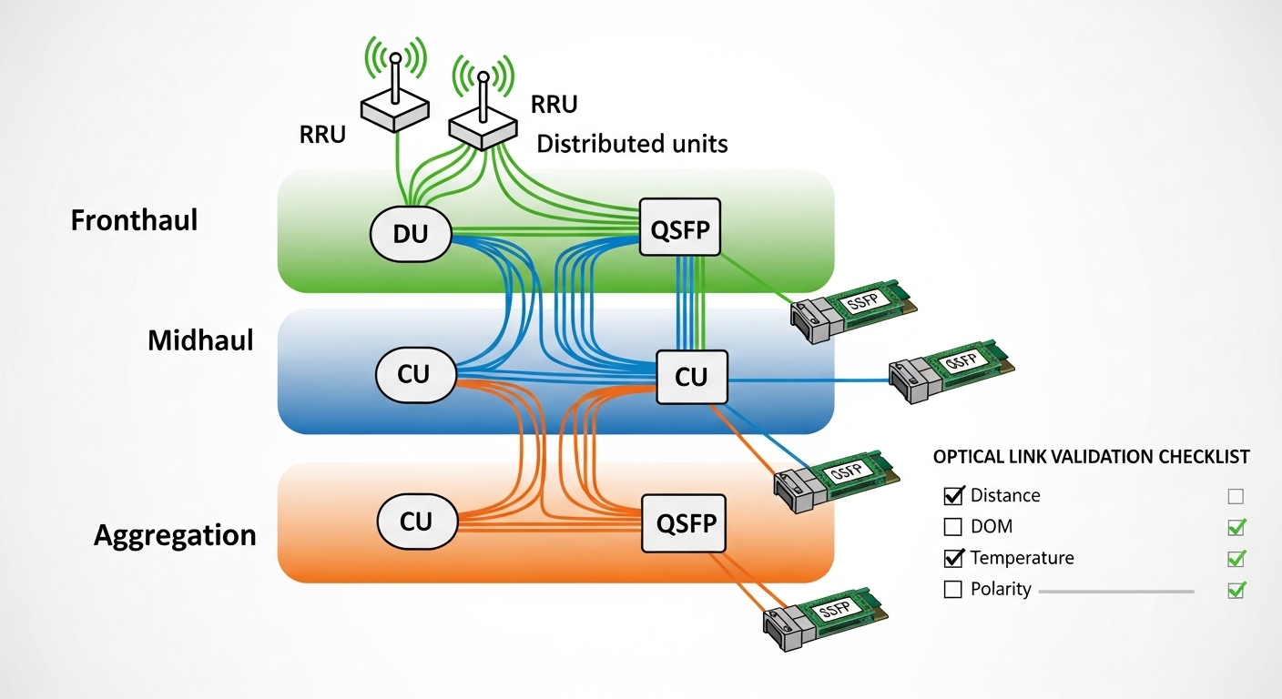 Concept illustration showing a layered network diagram for Open RAN, with fronthaul, midhaul, and aggregation layers connecte