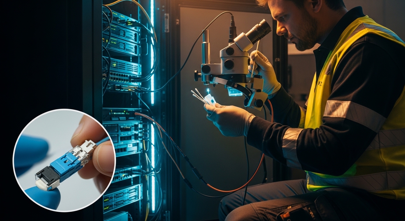 Moody lifestyle-style photo of a field technician in high-visibility gear using a fiber inspection microscope and cleaning sw