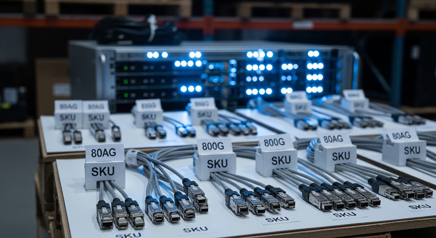 Photorealistic warehouse staging scene of 800G DAC and AOC cables labeled by SKU, with a rackmount switch chassis in backgrou
