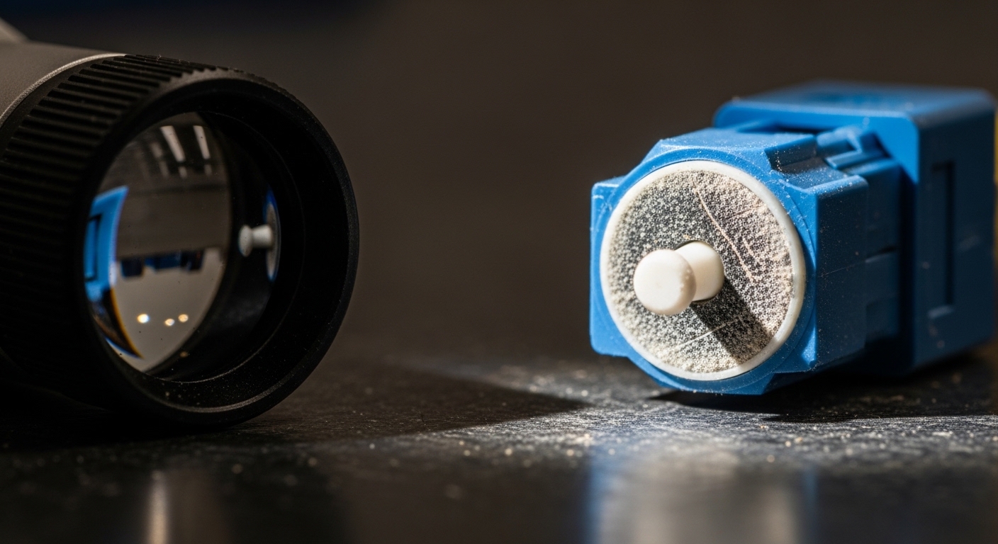 Macro photography of a fiber optic connector end-face on a dark benchtop, showing visible dust on the ferrule, with a handhel