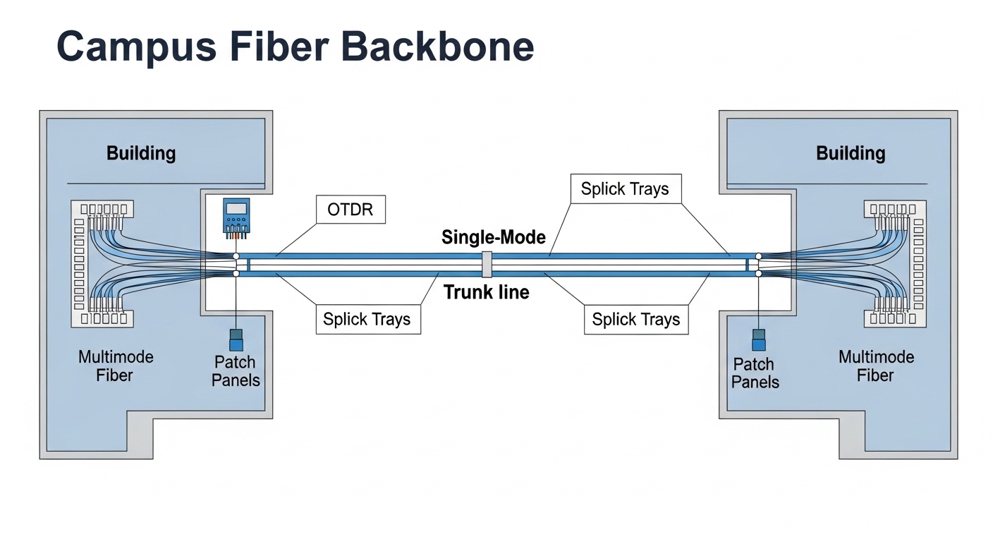 Clean engineering illustration showing a campus fiber backbone diagram, with two buildings connected by a single-mode trunk l