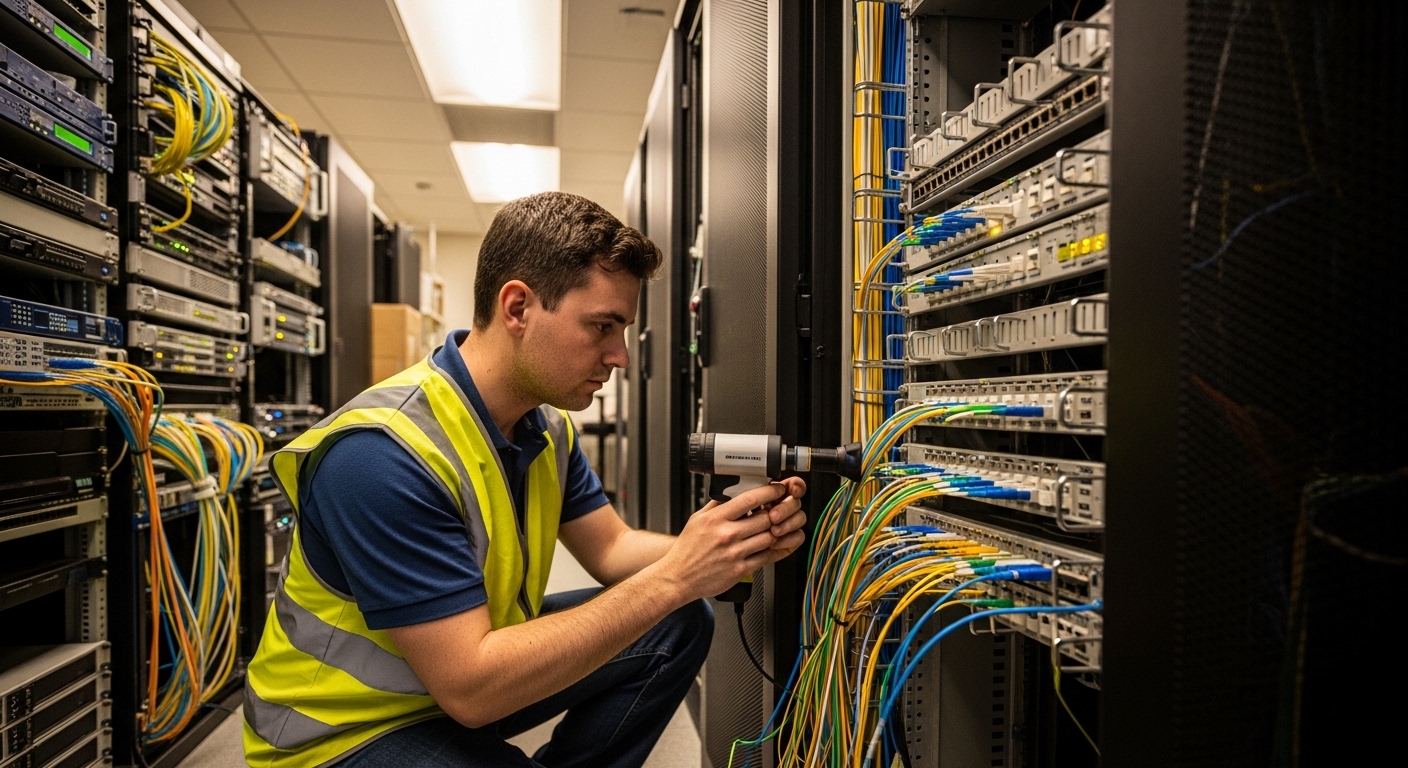 Realistic lifestyle scene inside a small business network room, engineer in high-visibility vest kneeling at a rack, holding 