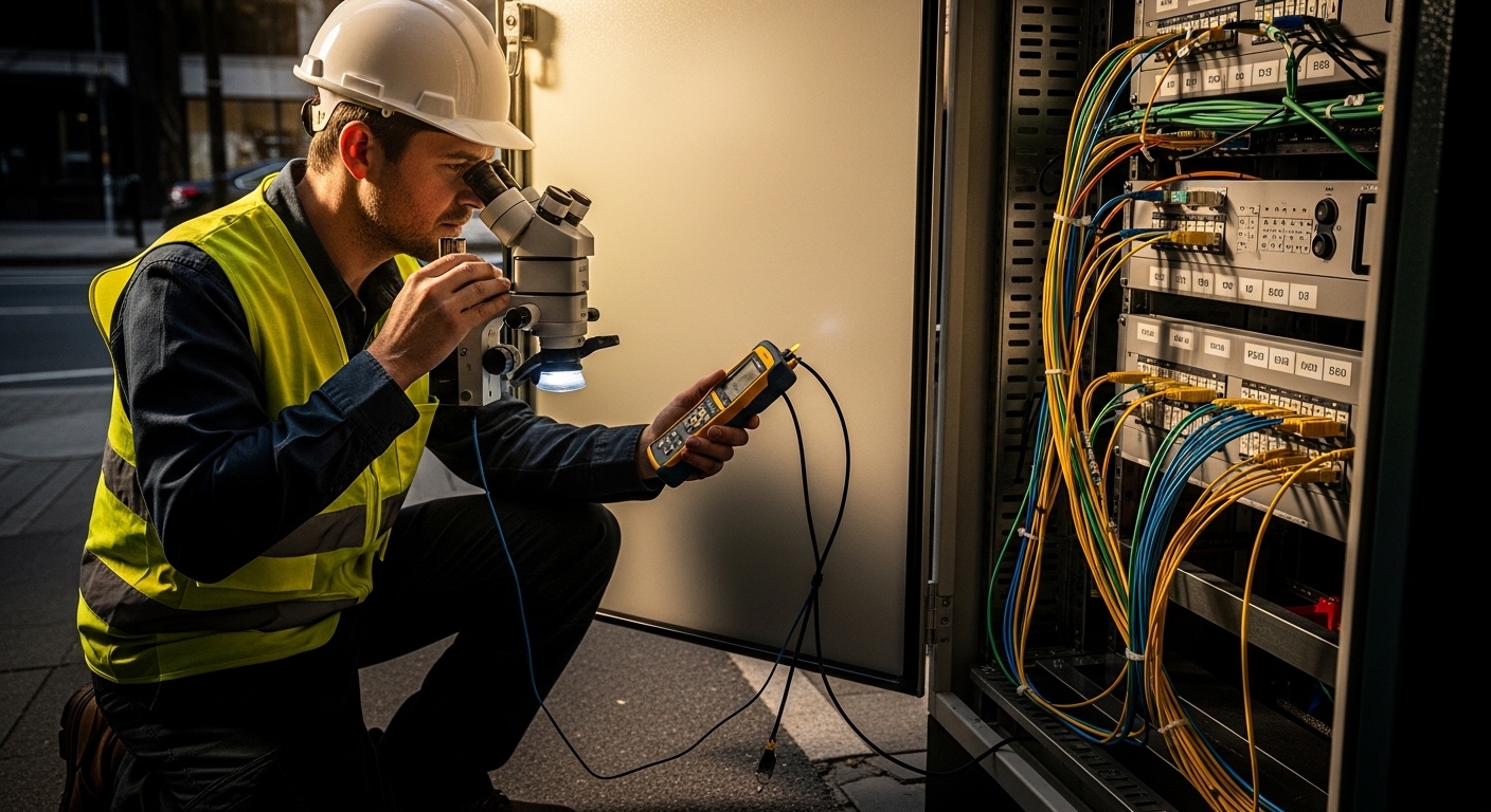A photorealistic scene of a telecom field engineer kneeling beside a fiber distribution frame in a street-side cabinet, holdi