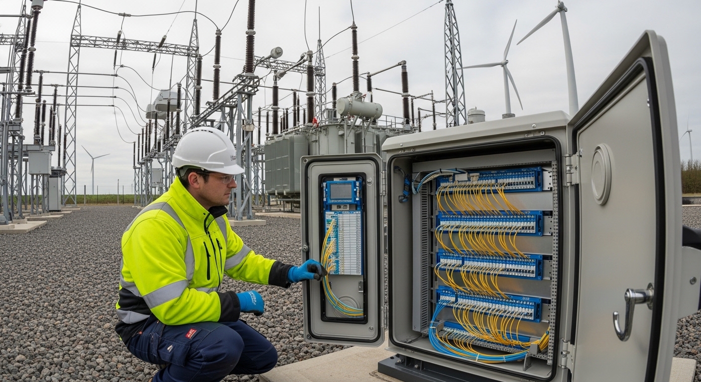 Photorealistic wide-angle photo at a wind farm substation: a technician in hi-vis jacket and hard hat kneels by a weatherproo