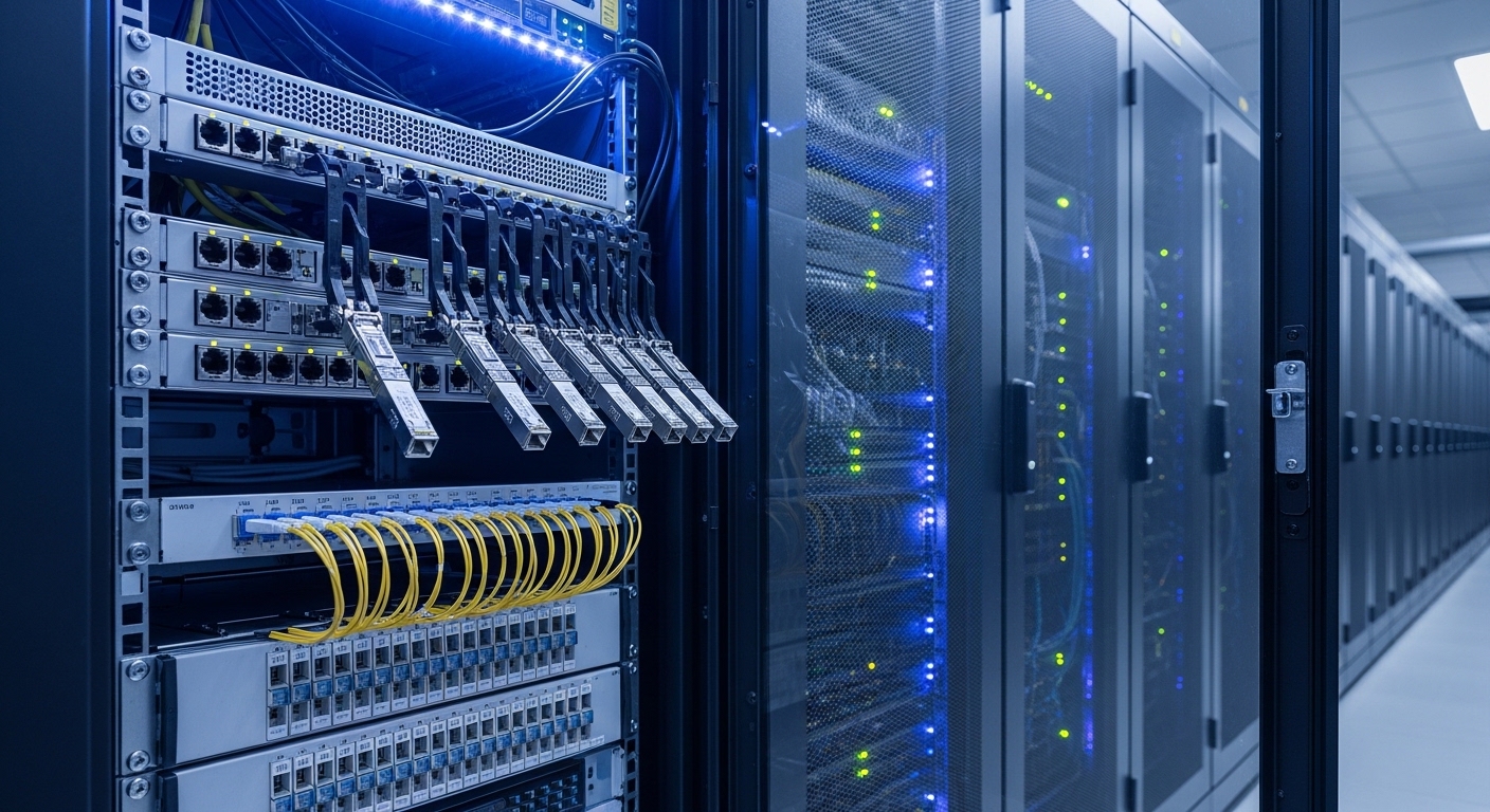 Photorealistic wide-angle shot of a data center aisle at night, showing a rack with open doors, multiple SFP+ and QSFP28 modu
