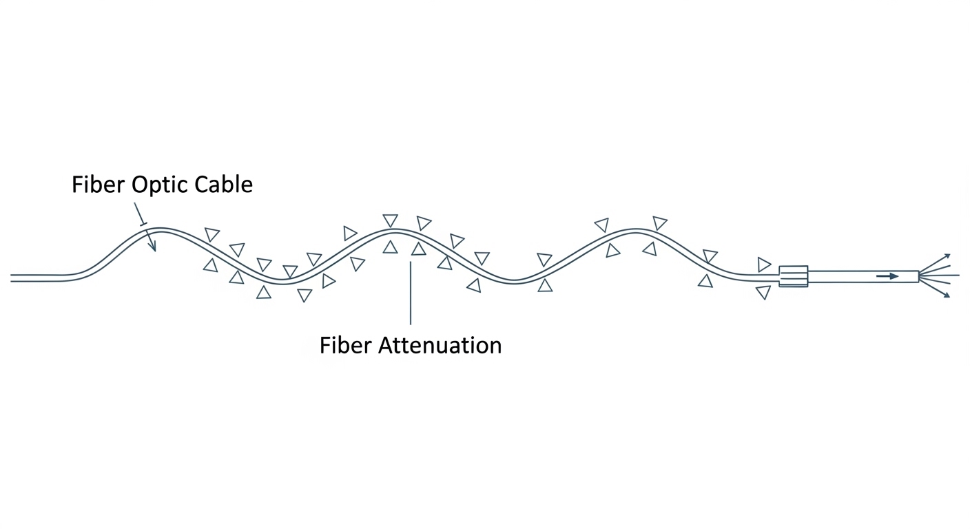 Clean vector-style illustration showing an optical budget “flow” diagram with labeled elements like fiber attenuation, splice