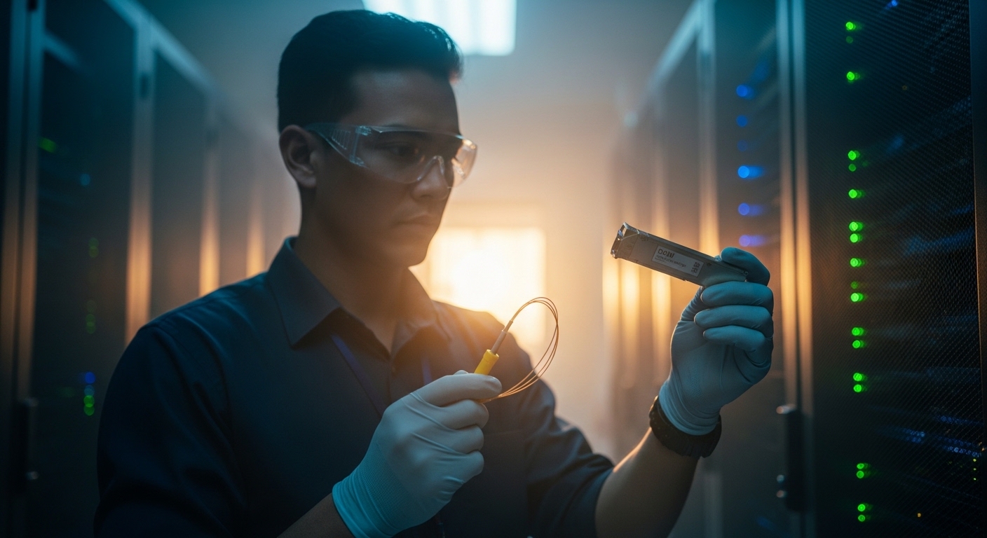 Lifestyle-style photo scene of a network operations engineer in a server room at dawn, wearing PPE, holding a fiber cleaning 
