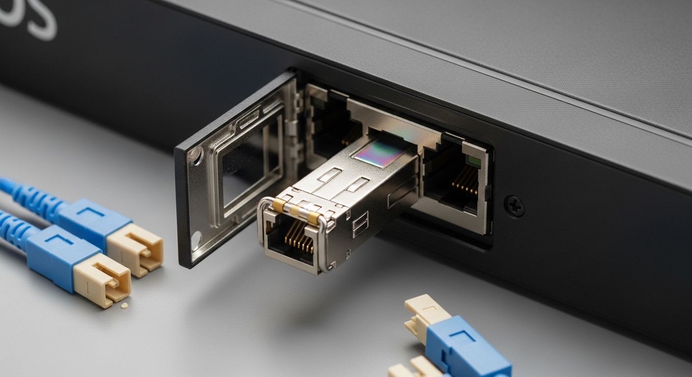 A high-resolution close-up photography scene of an open SFP+ cage on a VyOS router chassis, showing a 10GBASE-SR SFP module p