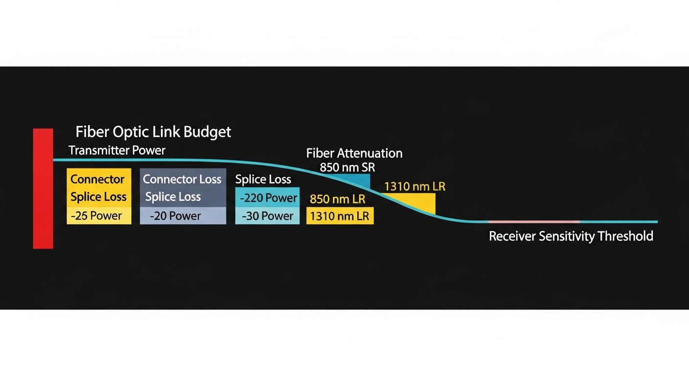 Clean vector-style illustration showing a fiber link budget diagram: transmitter power, connector loss blocks, splice loss, f