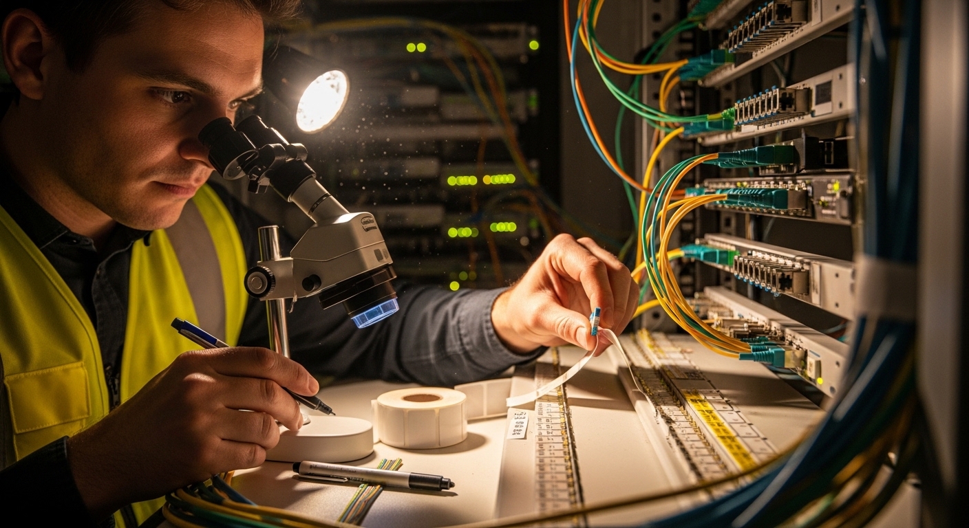 Lifestyle scene in an office wiring closet: a technician in high-visibility vest labeling fiber patch panels and cleaning LC 