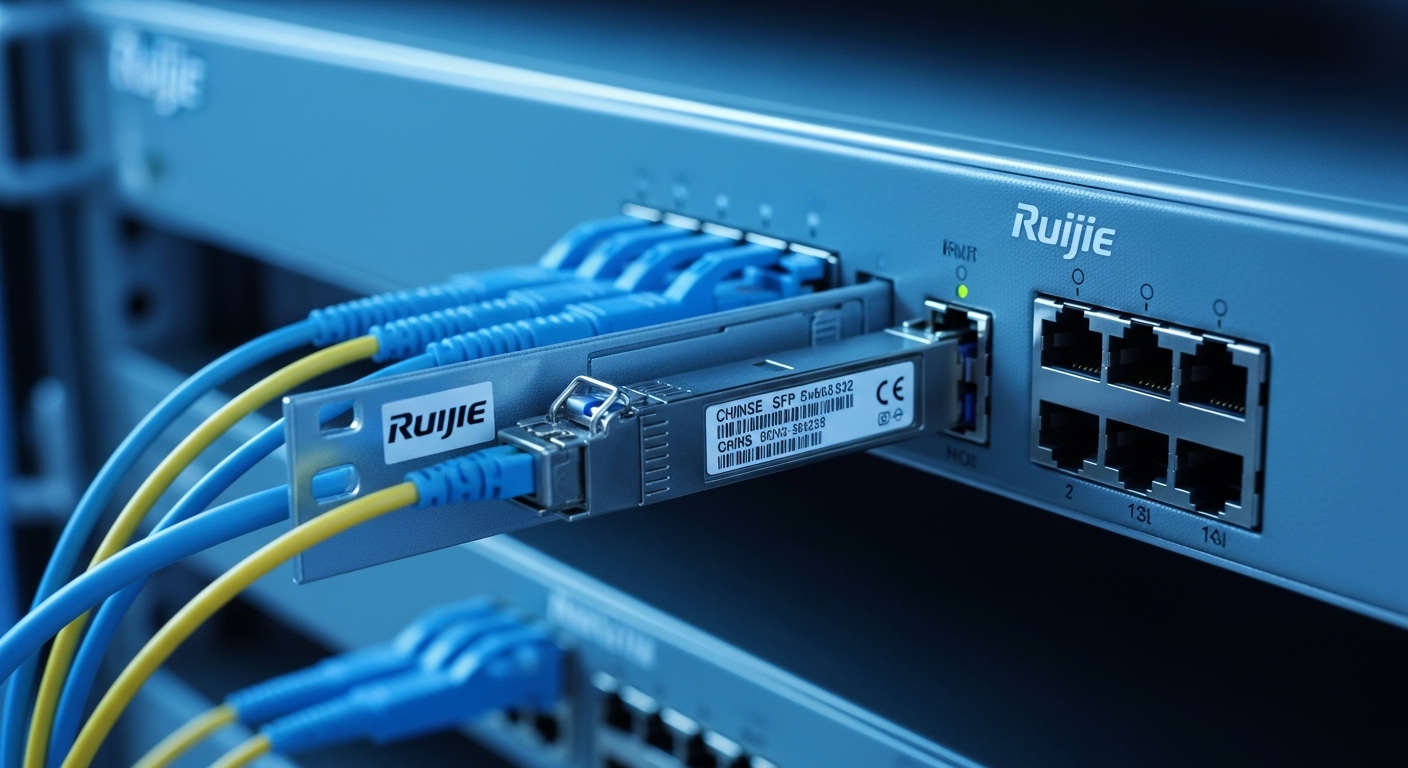 Ultra-realistic product photography in a data center aisle: a Ruijie switch chassis with one SFP cage open, a Chinese switch 