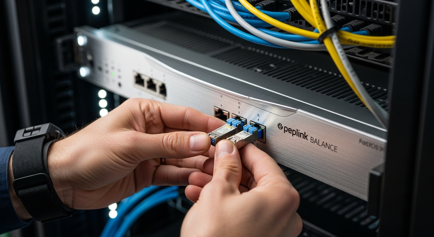 Close-up high-resolution photography of an engineer’s hands inserting an LC duplex SFP module into a Peplink Balance router S
