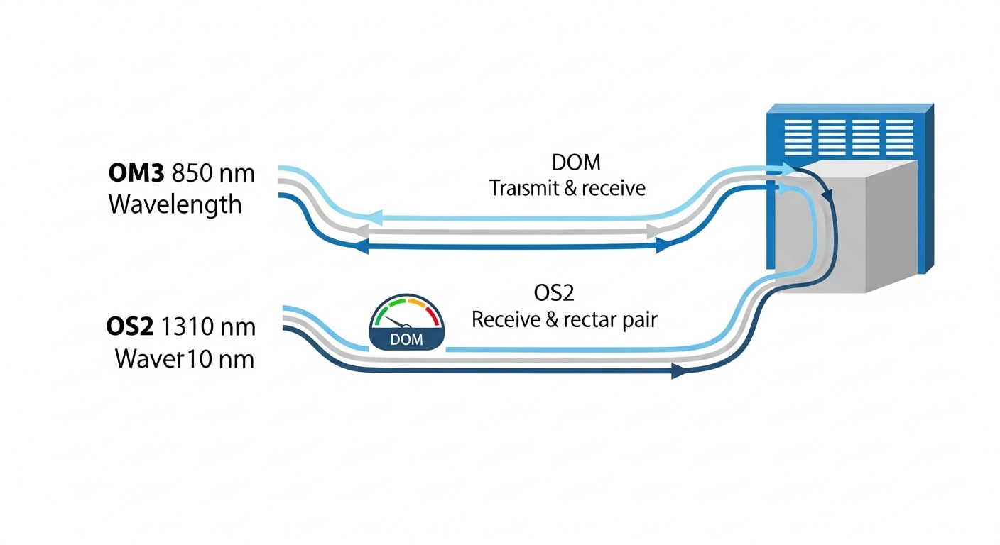 Clean vector-style illustration comparing two fiber paths labeled OM3 at 850 nm and OS2 at 1310 nm, with arrows showing trans