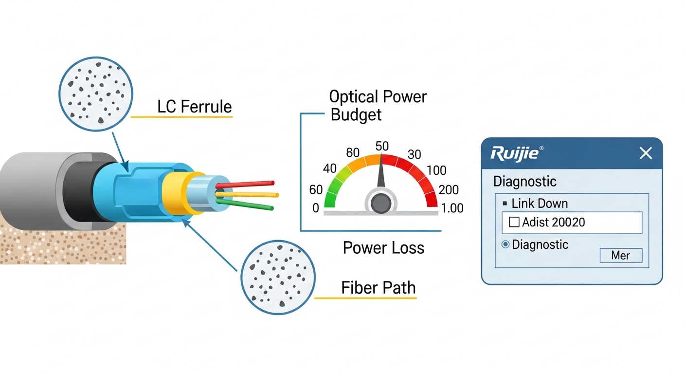 Clean-room style illustration with callouts: a cross-section diagram of an LC connector and fiber path, showing dust particle