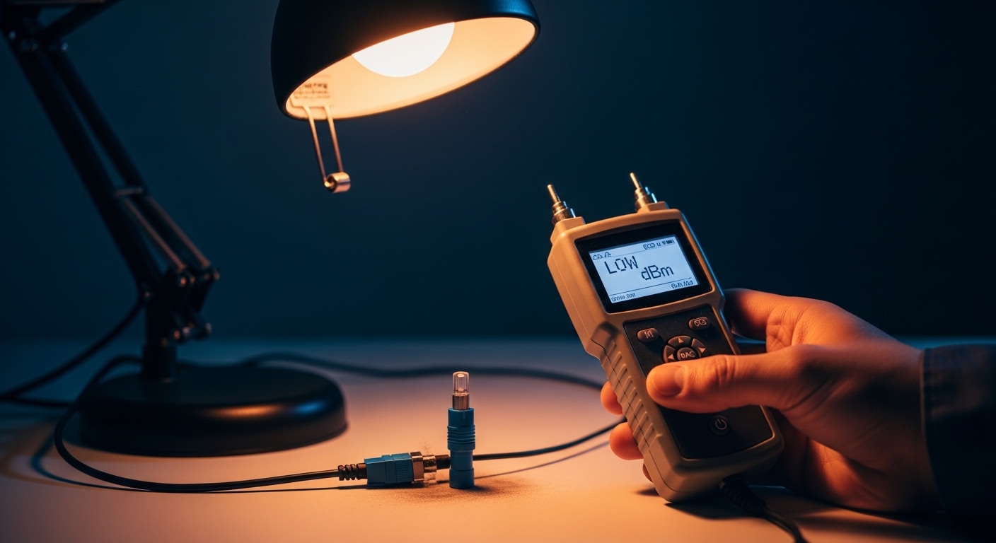 Concept art scene of a technician holding a handheld optical power meter with a small screen reading low dBm value next to a 