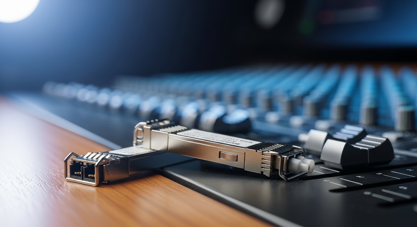 Ultra-realistic studio product photography of two fiber SFP transceivers on a wooden mixing desk beside an audio console, sha