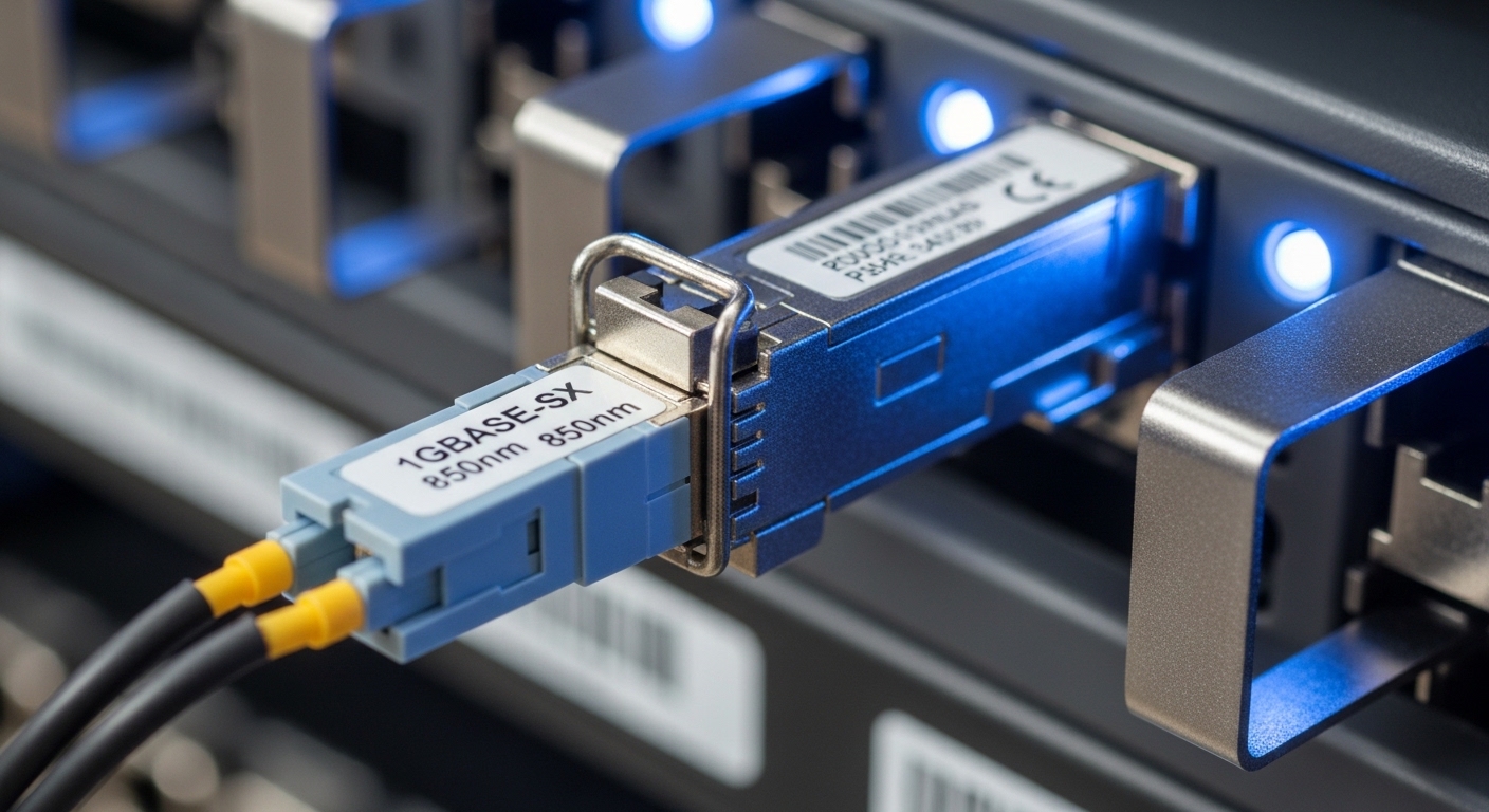 Close-up photography of an LC fiber connector plugged into a metal SFP cage on a rack switch, showing the label side of a gen