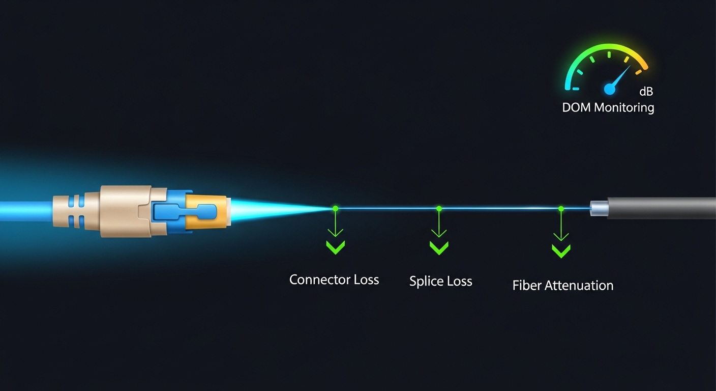 Concept illustration of an optical link budget diagram, showing a wavelength ray traveling from an LC connector into a fiber 