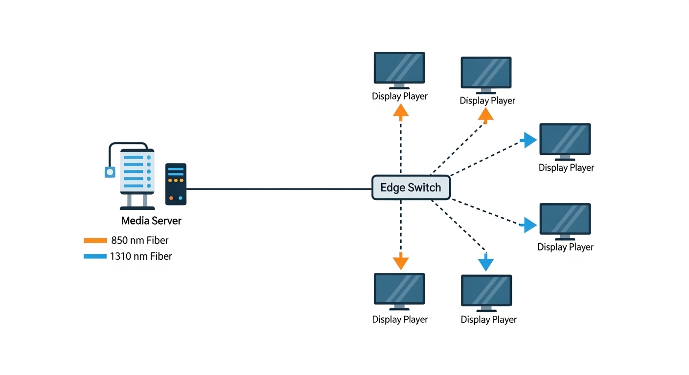 Vector illustration showing a simplified network diagram of a DOOH site: media server to edge switch to multiple display play