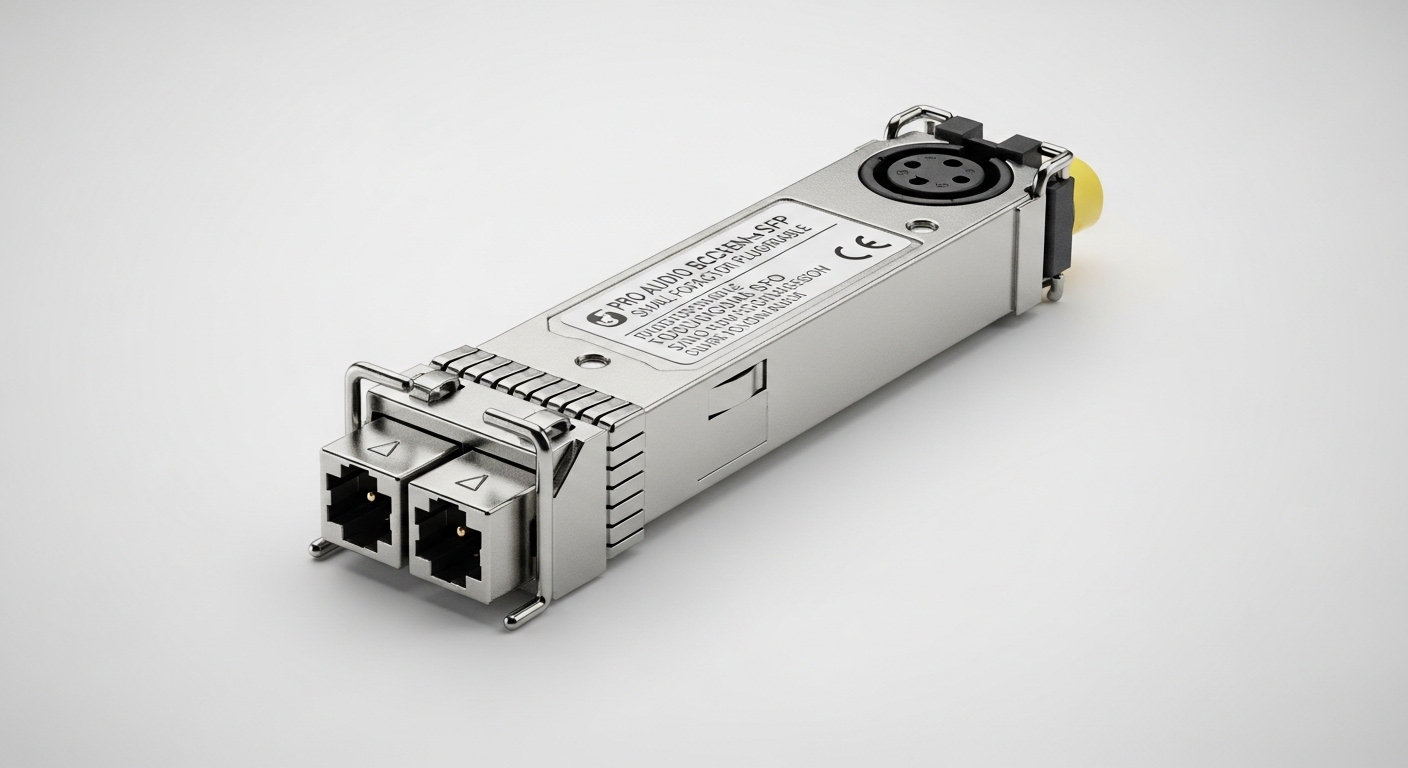 Professional product photography of pro audio fiber SFP, SFP for Audiophile and Professional Audio Networks, clean background