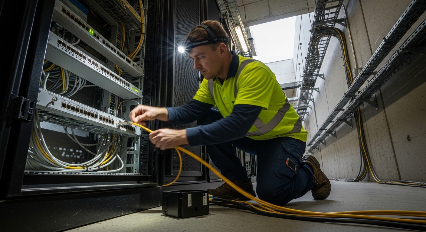 Lifestyle scene photography of a field technician in a mall maintenance corridor installing an LC fiber patch into an SFP cag