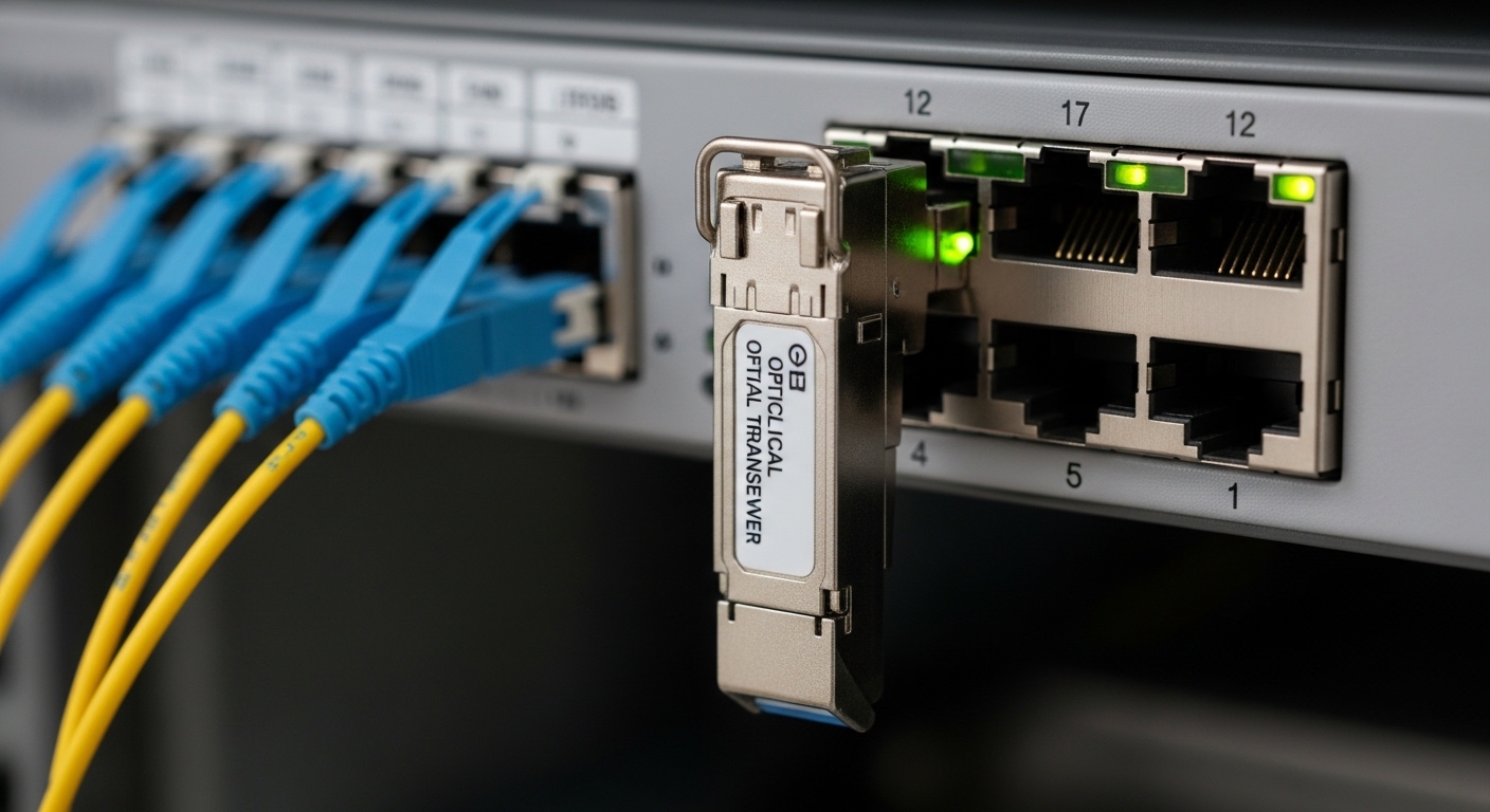 Photorealistic close-up of an SFP transceiver labeled generically, inserted into a fiber switch port, next to a neatly dresse