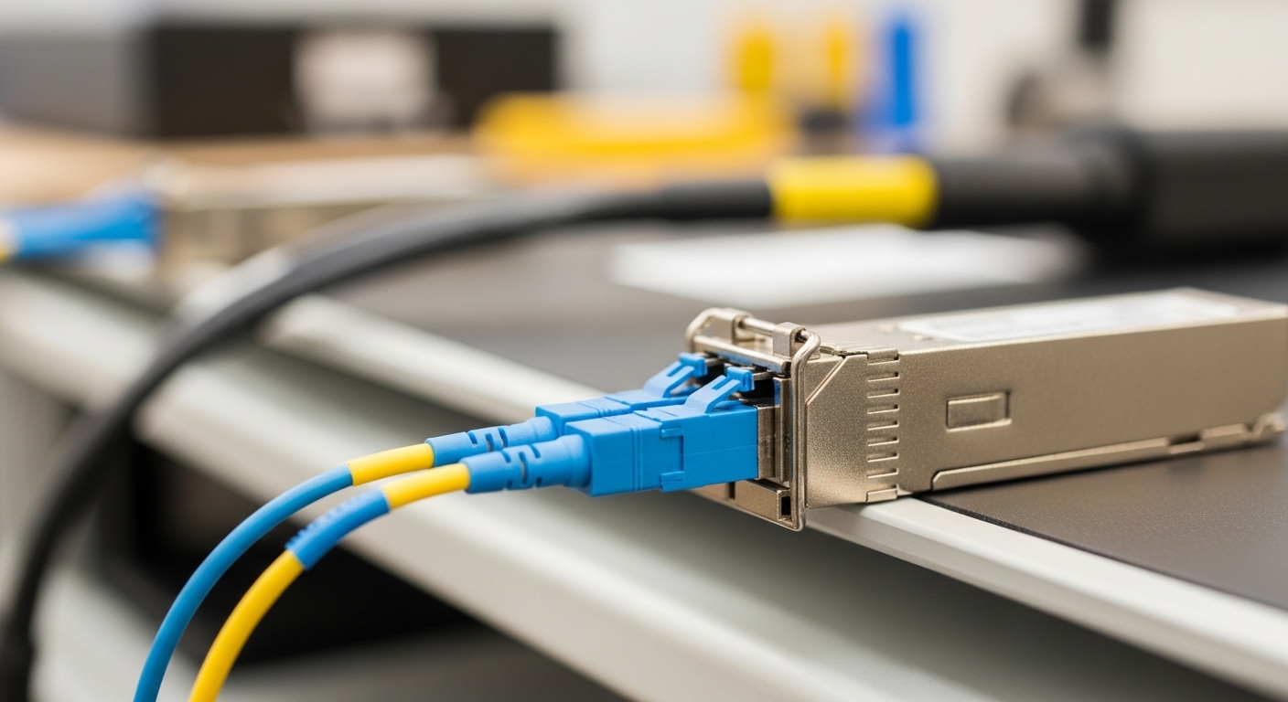 Close-up photography of a small SFP module with an LC duplex fiber connector inserted into a sensor gateway rack, indoor work