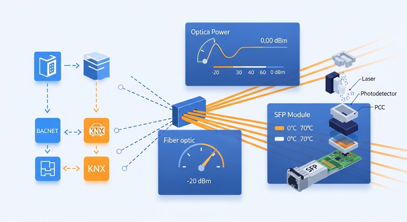 Conceptual illustration of a building automation network map with BACnet and KNX icons flowing into fiber links; overlaid gau