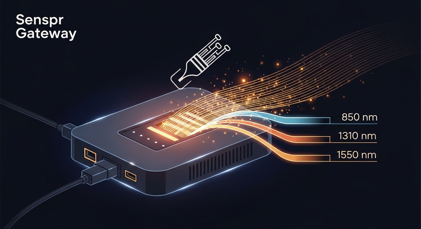 Illustration concept art showing a sensor gateway waking from sleep, with a fiber link icon and optical wavelengths labeled 8