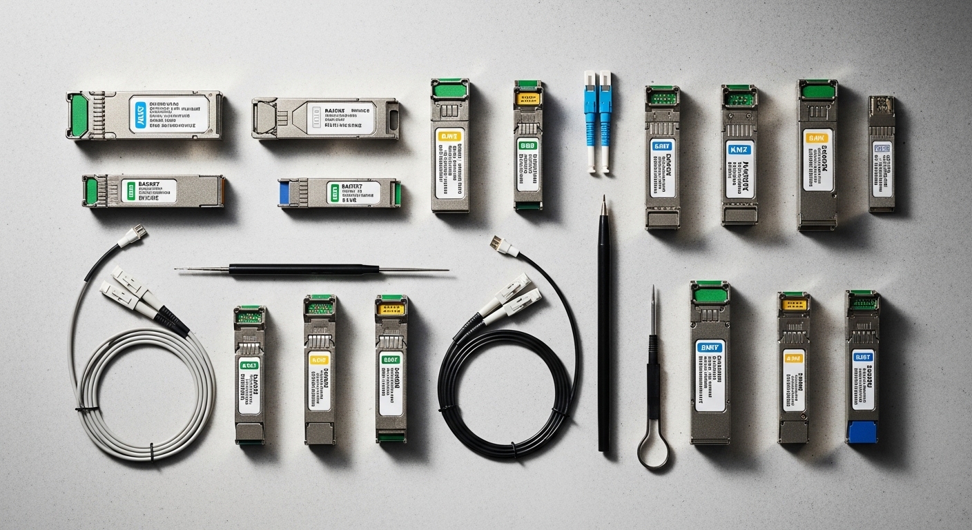 Overhead flat-lay composition of building automation SFP, SFP for Smart Building BACnet and KNX Networks, styled layout, soft