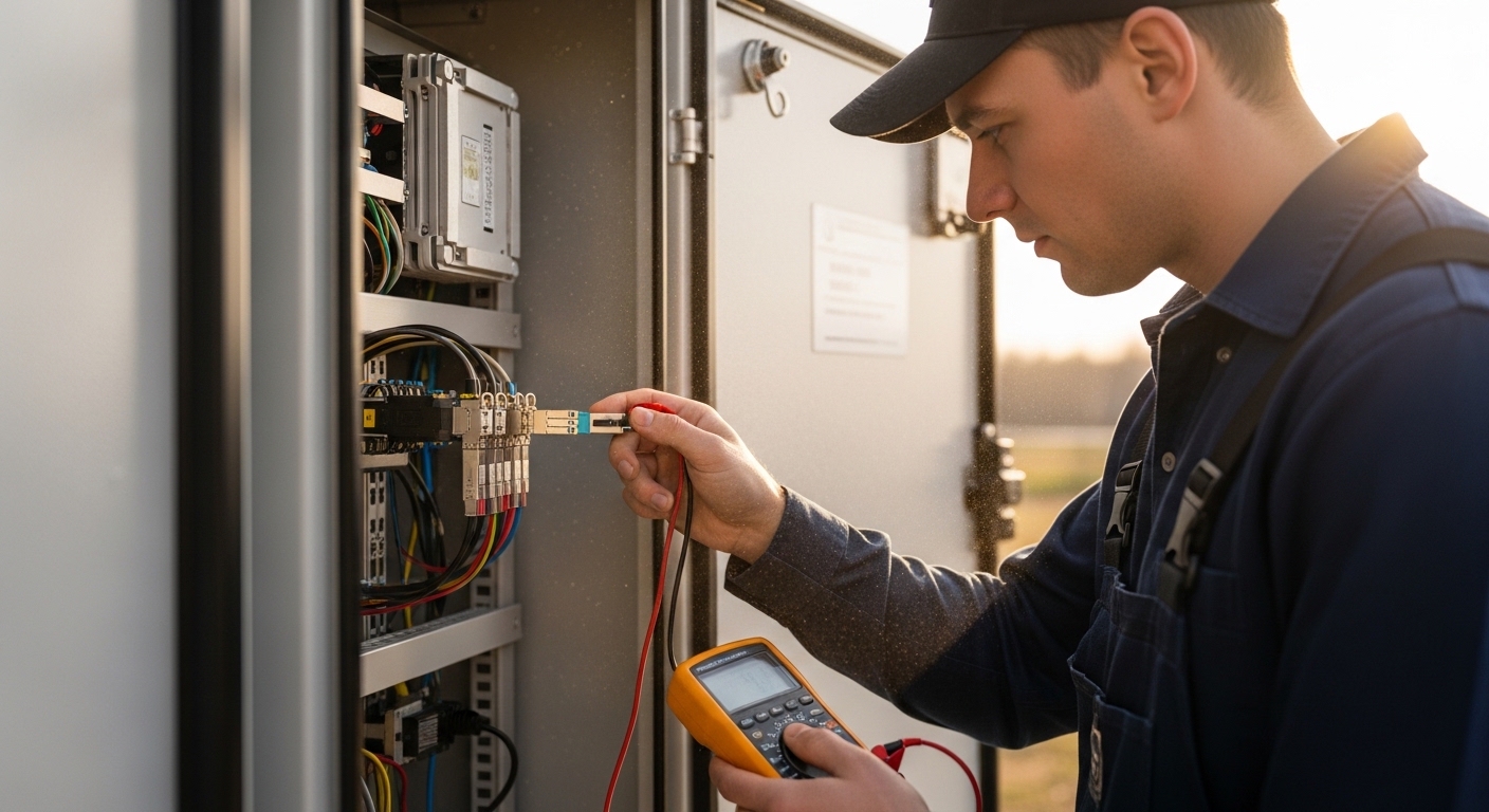 Industrial lifestyle scene of a technician in a field cabinet checking an SFP cage inside a rugged gateway enclosure, warm su