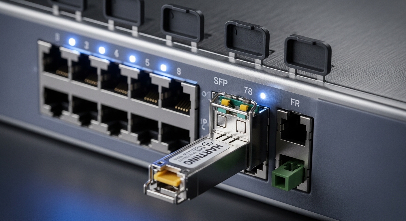 Close-up macro photography of an industrial Ethernet switch front panel in a metal enclosure, showing multiple SFP cages with
