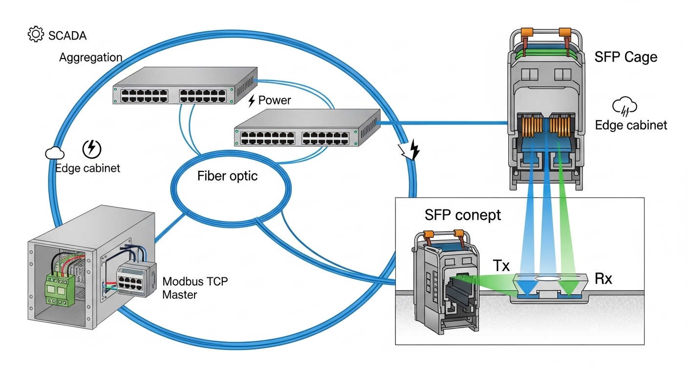 High-detail technical illustration showing a SCADA network diagram with a fiber ring, two aggregation switches, an edge cabin